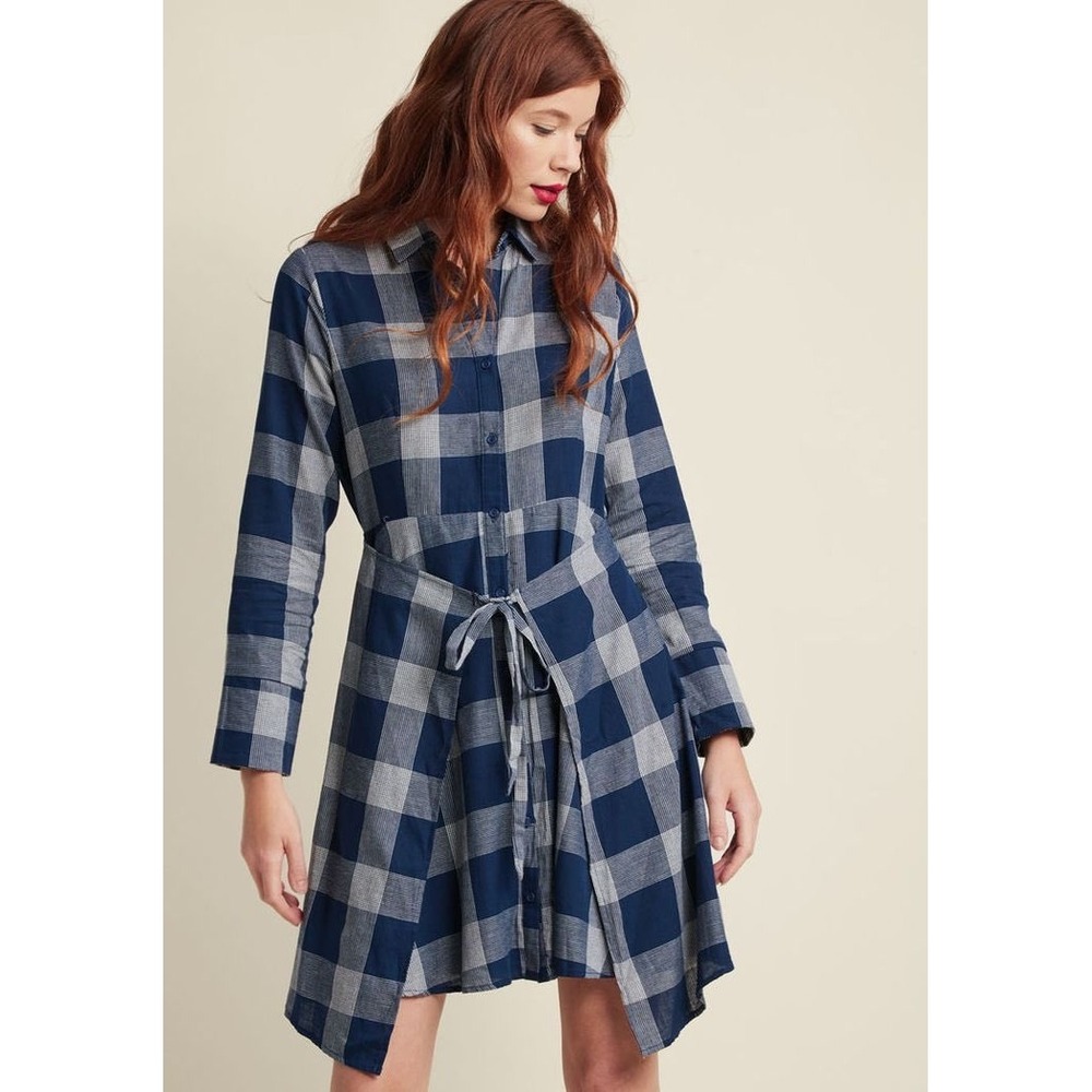 Doe & Rae Navy Blue Plaid Button Down Shirt Dress Tie Back Size S‎